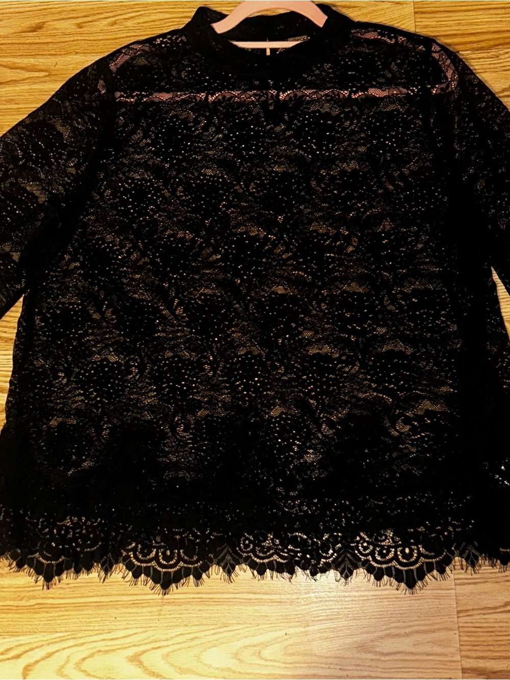 A. Byer Black Lace Bell Sleeve Blouse Women’s XL NWT Sheer Floral Dressy Top